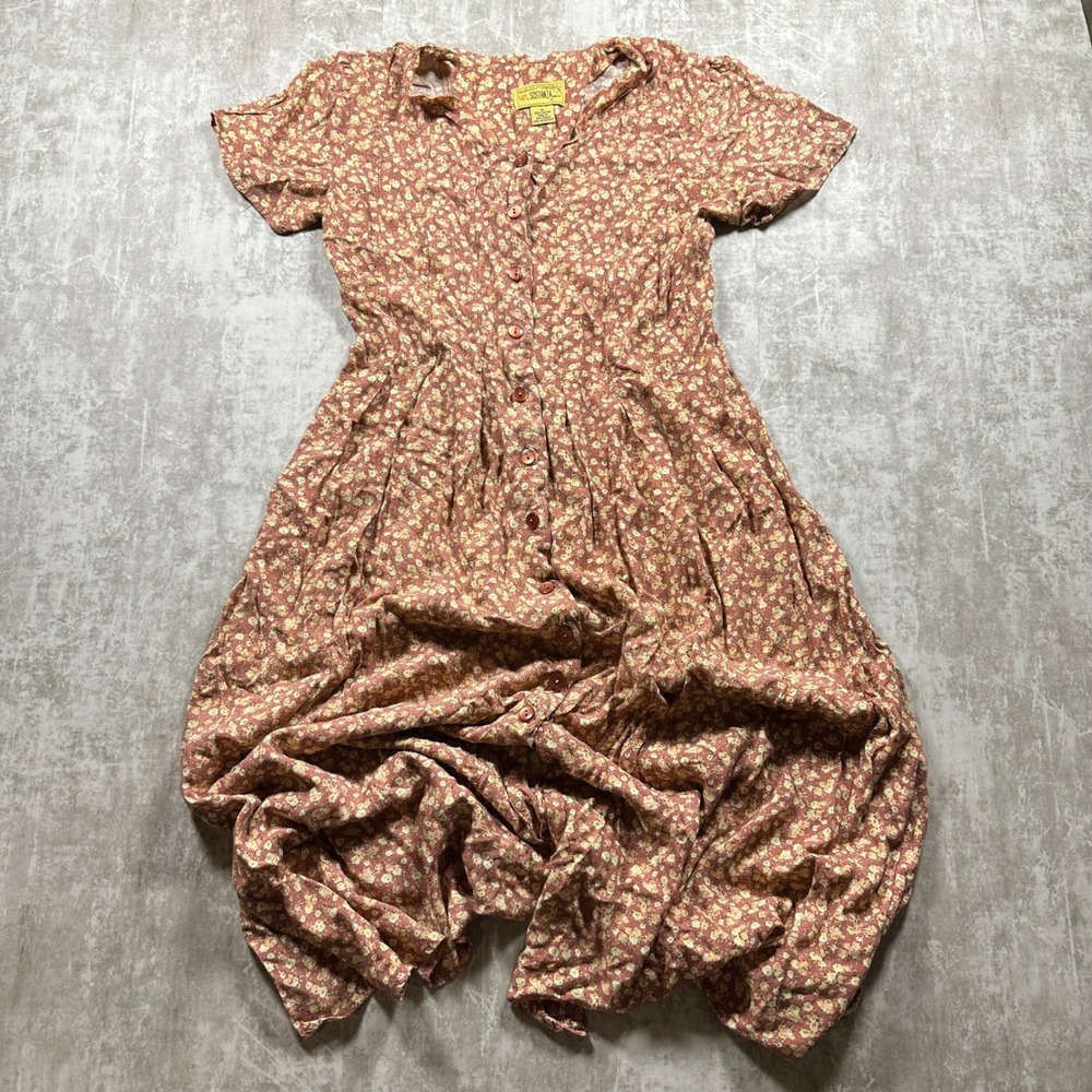 Vintage Sostanza Cottagecore Dress Womens Medium Brown Floral Rayon 90s